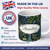 Personalized Custom Name Elegant Botanical Leaves Blue Green Floral Seamless Pattern Lovely 11oz Ceramic Coffee Tea Mug White Large Handle
