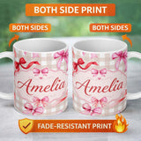 Personalized Custom Name Watercolor Red and Pink Ribbon Bows Beige Gingham Check Background 11oz Ceramic Coffee Tea Mug White Large Handle