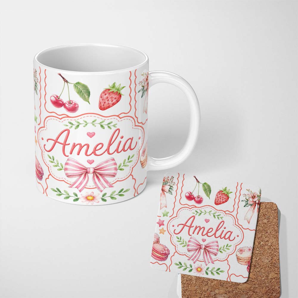 Personalized Custom Name Cute Strawberry Cherry Ribbon Bow Sweet Dessert Pattern Light Grey 11oz Ceramic Coffee Tea Mug White Large Handle