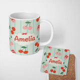 Personalized Custom Name Cherry Fruit Vertical Stripe Green Background Seamless Pattern 11oz Ceramic Coffee Tea Mug White Large Handle