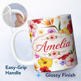 Personalized Custom Name Tropical Hibiscus Bird of Paradise Seamless Pattern White Background 11oz Ceramic Coffee Tea Mug White Large Handle