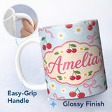Personalized Custom Name Cute Cherries Daisies and Bows Pastel Seamless Pattern Blue Lovely 11oz Ceramic Coffee Tea Mug White Large Handle