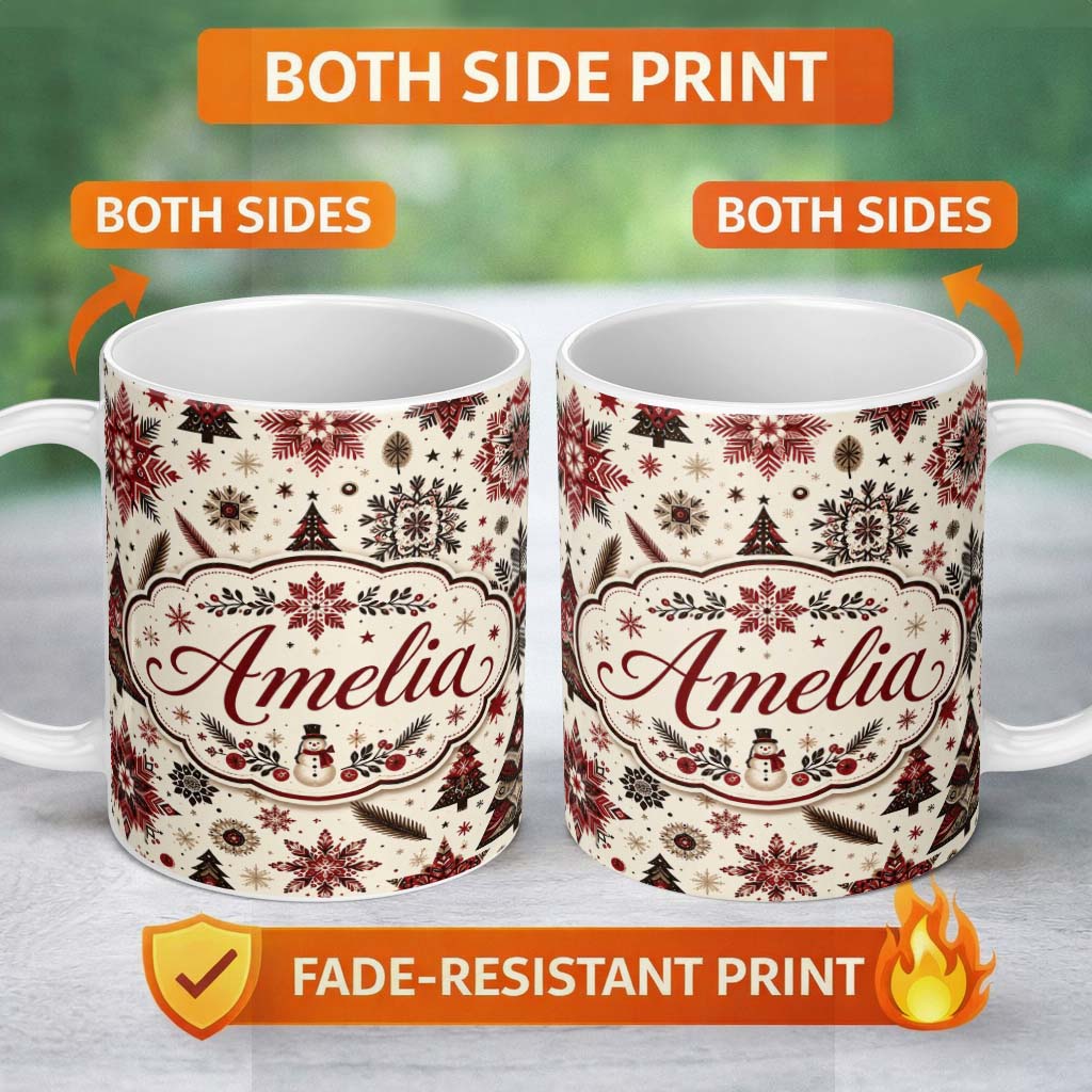 Personalized Custom Name Red Black Snowflakes Christmas Trees Seamless Pattern Festive Lovely 11oz Ceramic Coffee Tea Mug White Large Handle