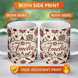Personalized Custom Name Red Black Snowflakes Christmas Trees Seamless Pattern Festive Lovely 11oz Ceramic Coffee Tea Mug White Large Handle