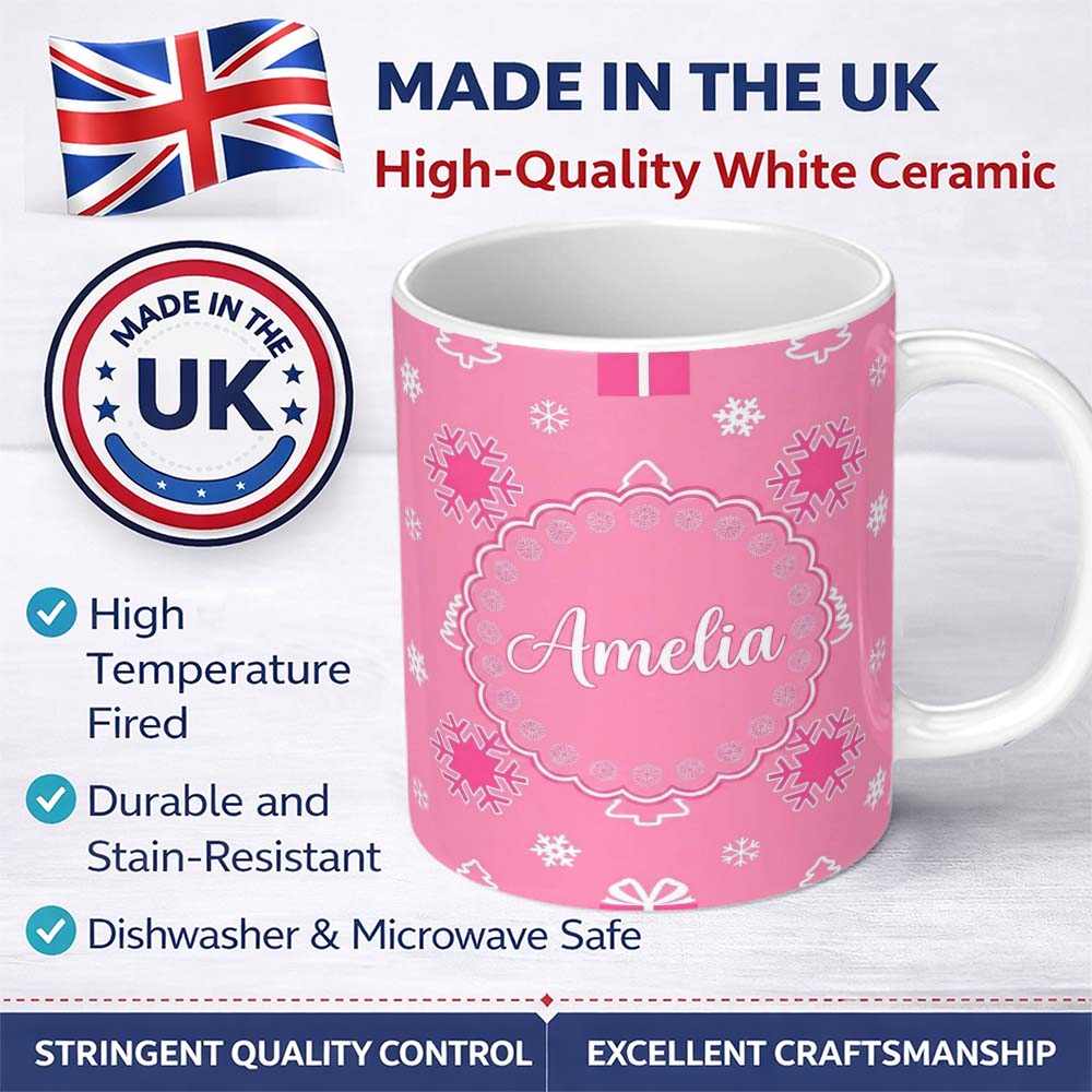 Personalized Custom Name Simple Pink Snowflake Tree Gift Winter Seamless Pattern Lovely 11oz Ceramic Coffee Tea Mug White Large Handle