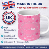 Personalized Custom Name Simple Pink Snowflake Tree Gift Winter Seamless Pattern Lovely 11oz Ceramic Coffee Tea Mug White Large Handle