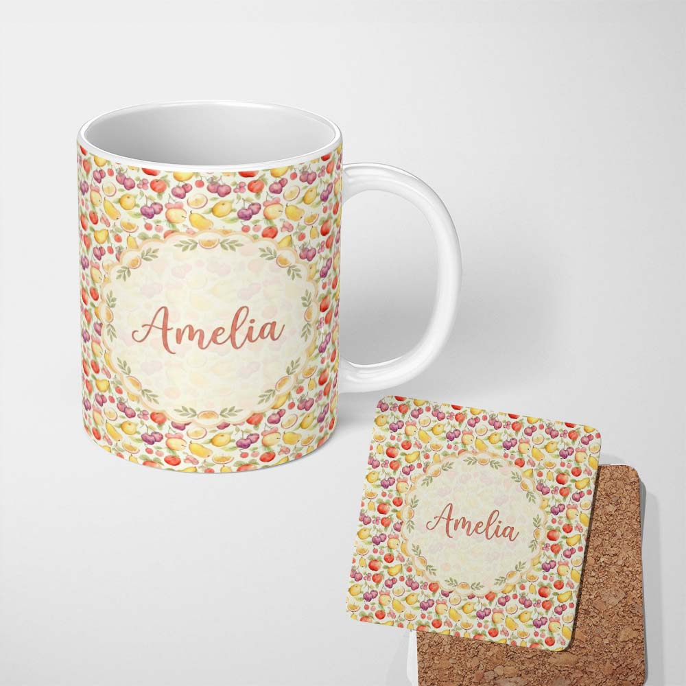 Personalized Custom Name Delicate Pastel Watercolor Mixed Fruit Seamless Pattern Lovely 11oz Ceramic Coffee Tea Mug White Large Handle