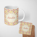 Personalized Custom Name Delicate Pastel Watercolor Mixed Fruit Seamless Pattern Lovely 11oz Ceramic Coffee Tea Mug White Large Handle