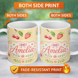 Personalized Custom Name Cute Watercolor Cherry Strawberry Ribbon Bow Macaron Frame Yellow 11oz Ceramic Coffee Tea Mug White Large Handle