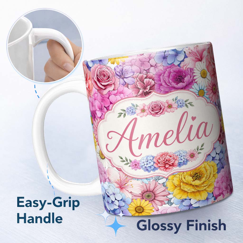 Personalized Custom Name Elegant Pink Floral Roses Peony Hydrangea Seamless Pattern Name Cute 11oz Ceramic Coffee Tea Mug White Large Handle