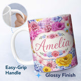 Personalized Custom Name Elegant Pink Floral Roses Peony Hydrangea Seamless Pattern Name Cute 11oz Ceramic Coffee Tea Mug White Large Handle