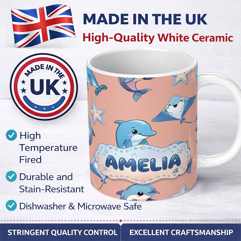 Personalized Custom Name Cute Dolphin Stingray Starfish Cartoon Sea Life Pattern Beige Lovely 11oz Ceramic Coffee Tea Mug White Large Handle