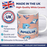 Personalized Custom Name Cute Dolphin Stingray Starfish Cartoon Sea Life Pattern Beige Lovely 11oz Ceramic Coffee Tea Mug White Large Handle