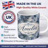Personalized Custom Name Vintage Blue Watercolour Floral Toile Seamless Pattern with Lovely 11oz Ceramic Coffee Tea Mug White Large Handle