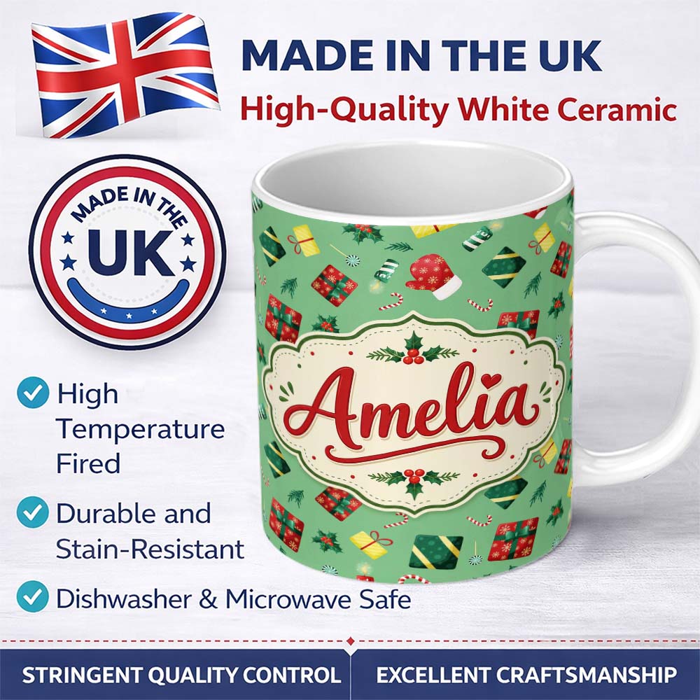 Personalized Custom Name Santa Reindeer Snowman Gift Boxes Ornaments Festive Seamless Pattern 11oz Ceramic Coffee Tea Mug White Large Handle