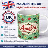 Personalized Custom Name Santa Reindeer Snowman Gift Boxes Ornaments Festive Seamless Pattern 11oz Ceramic Coffee Tea Mug White Large Handle
