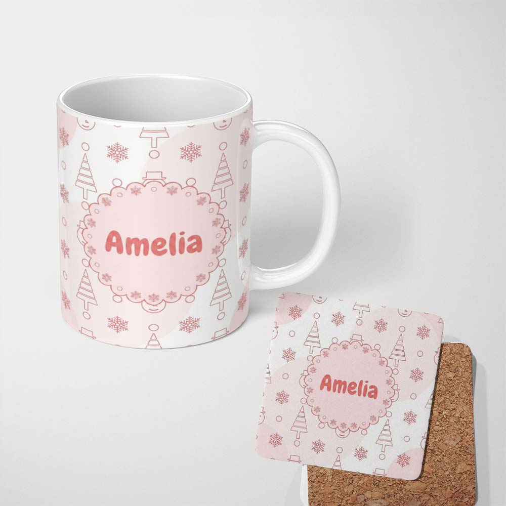 Personalized Custom Name Minimal Line Christmas Tree Snowman Seamless Pattern Lovely 11oz Ceramic Coffee Tea Mug White Large Handle