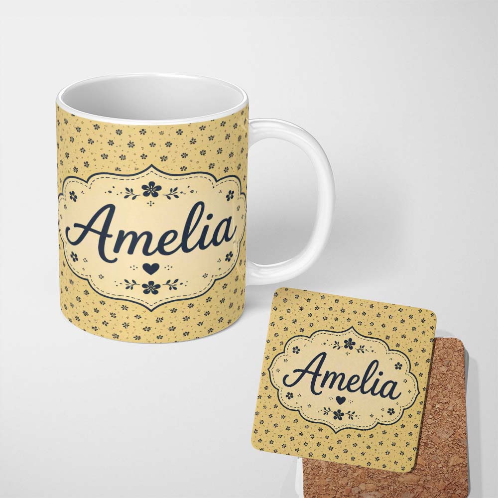 Personalized Custom Name Minimal Beige Floral Ditsy with Small Black Flowers on Warm Neutral 11oz Ceramic Coffee Tea Mug White Large Handle