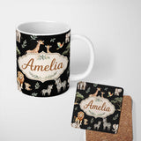 Personalized Custom Name Watercolor Safari Jungle Animals Giraffe Lion Zebra Seamless Pattern 11oz Ceramic Coffee Tea Mug White Large Handle
