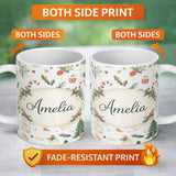 Personalized Custom Name Rustic Christmas Elements Holly Candy Cane Pattern Seamless Design 11oz Ceramic Coffee Tea Mug White Large Handle