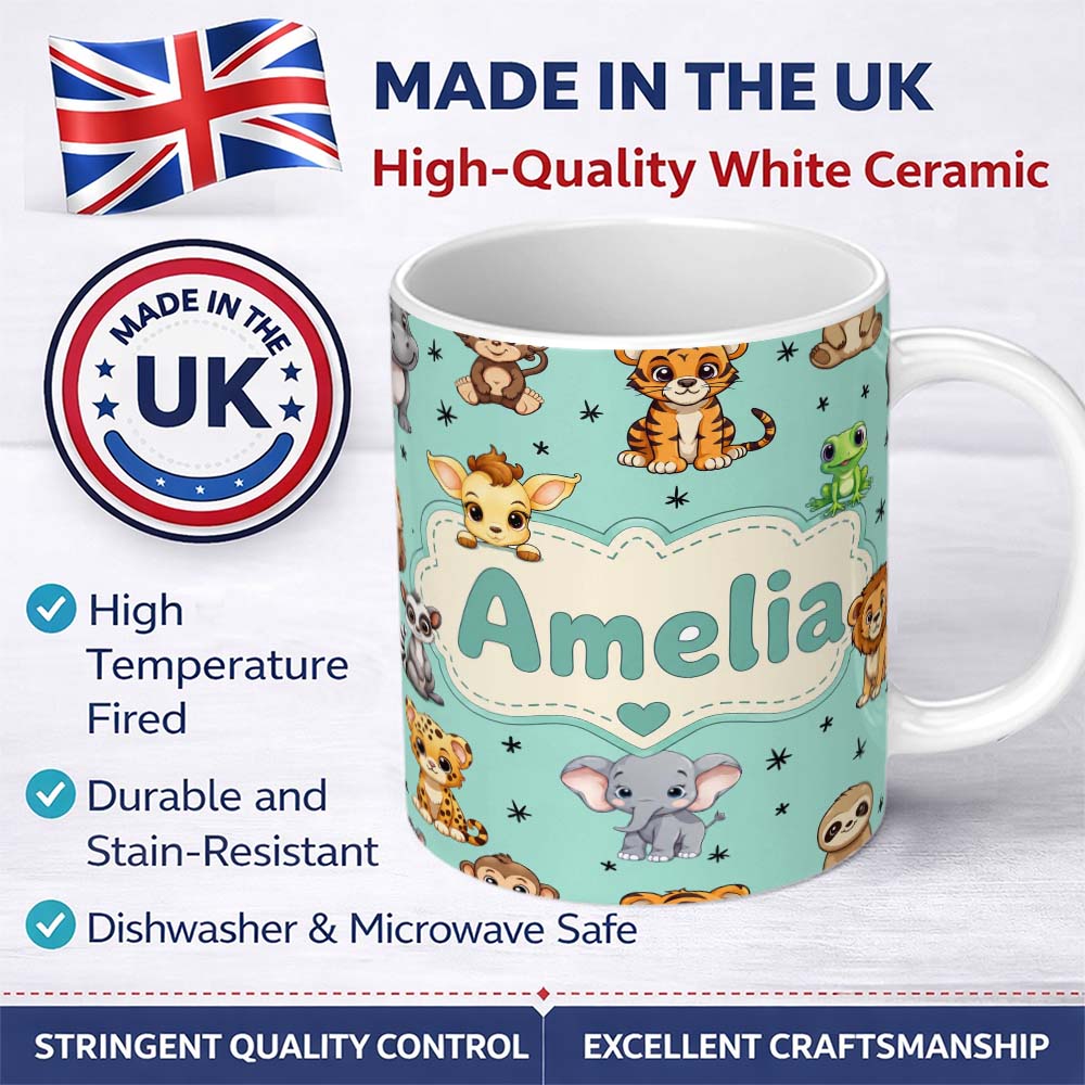 Personalized Custom Name Cute Cartoon Safari Animals with Stars on Mint Background Nursery 11oz Ceramic Coffee Tea Mug White Large Handle