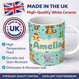 Personalized Custom Name Cute Cartoon Safari Animals with Stars on Mint Background Nursery 11oz Ceramic Coffee Tea Mug White Large Handle