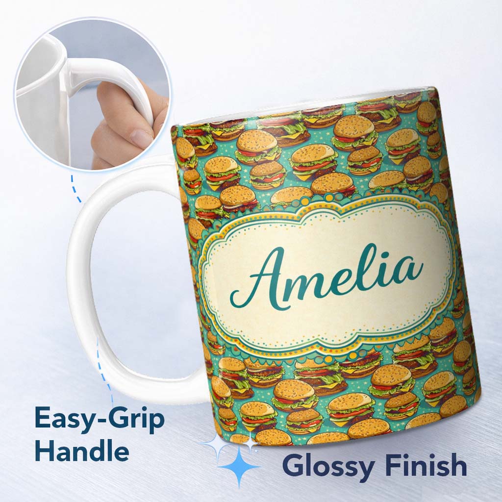 Personalized Custom Name Cartoon Cheeseburger Teal Star Background Fast Food Design Lovely 11oz Ceramic Coffee Tea Mug White Large Handle