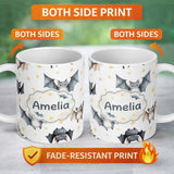 Personalized Custom Name Cute Baby Bats Flying with Stars Soft White Background Seamless 11oz Ceramic Coffee Tea Mug White Large Handle