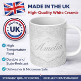 Personalized Custom Name Subtle White Embossed Floral Tile with Soft Textured Finish Design 11oz Ceramic Coffee Tea Mug White Large Handle