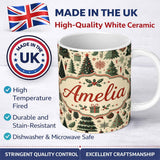 Personalized Custom Name Festive Christmas Tree Gift Ornament Holiday Seamless Pattern Lovely 11oz Ceramic Coffee Tea Mug White Large Handle