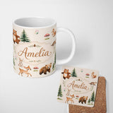 Personalized Custom Name Bear Bunny Squirrel Trees Mushrooms Butterfly Soft White Seamless 11oz Ceramic Coffee Tea Mug White Large Handle