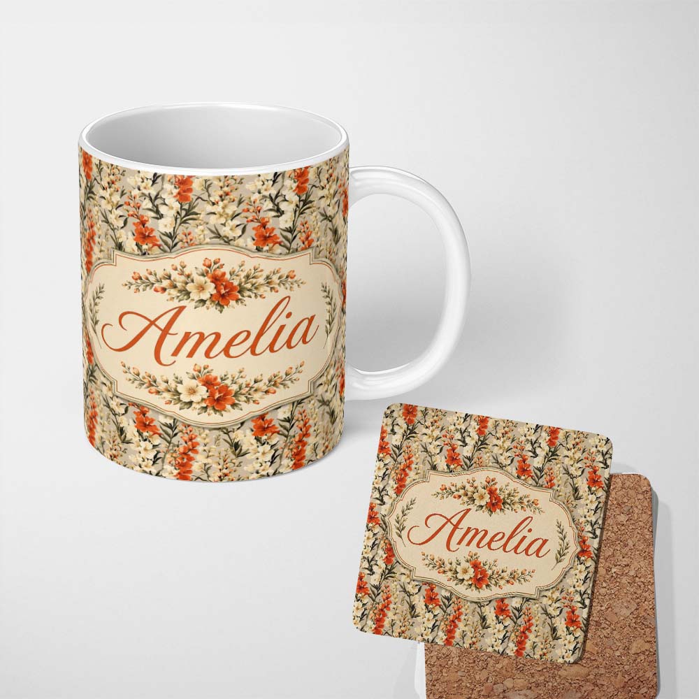 Personalized Custom Name Vintage Neutral Floral Stripe Pattern with Burnt Orange and Cream 11oz Ceramic Coffee Tea Mug White Large Handle
