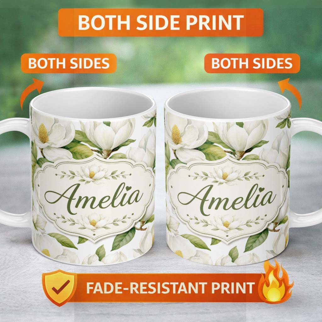 Personalized Custom Name Elegant White Magnolia Flowers and Green Leaves Seamless Pattern 11oz Ceramic Coffee Tea Mug White Large Handle