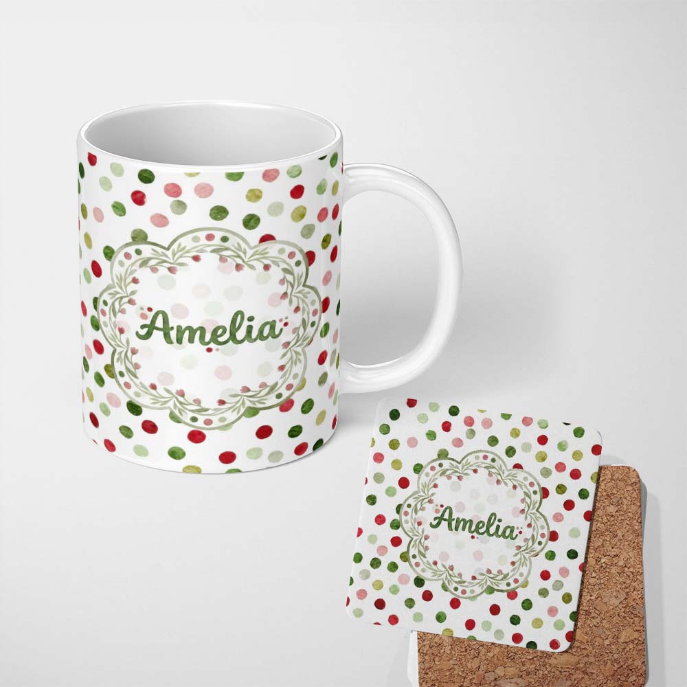 Personalized Custom Name Festive Red Green Watercolor Polka Dot Seamless Pattern Christmas 11oz Ceramic Coffee Tea Mug White Large Handle