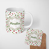 Personalized Custom Name Festive Red Green Watercolor Polka Dot Seamless Pattern Christmas 11oz Ceramic Coffee Tea Mug White Large Handle