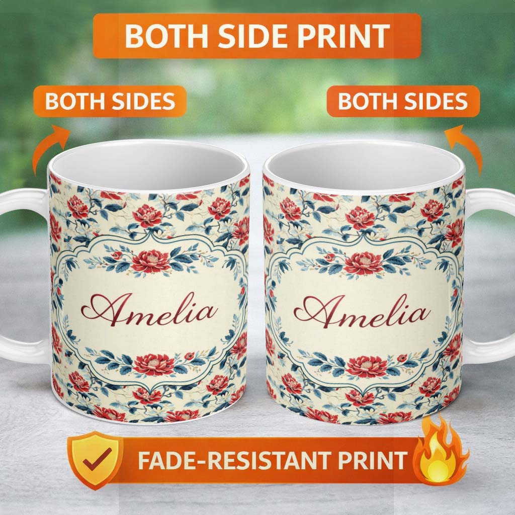 Personalized Custom Name Oriental Inspired Red Blossom Floral Cream Background Decorative 11oz Ceramic Coffee Tea Mug White Large Handle