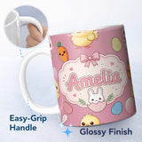 Personalized Custom Name Cute Easter Bunny Chick Eggs Carrot Cute Seamless Pattern Pink 11oz Ceramic Coffee Tea Mug White Large Handle