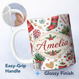 Personalized Custom Name Festive Candy Cane Cupcake Sweets Holiday Seamless Pattern Lovely 11oz Ceramic Coffee Tea Mug White Large Handle
