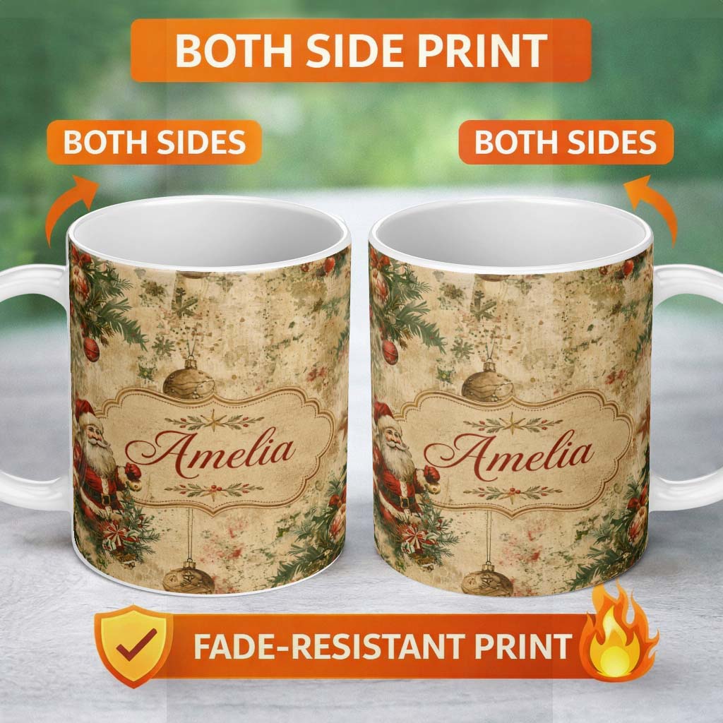 Personalized Custom Name Rustic Santa Claus Christmas Pine Branches Baubles Vintage Holiday 11oz Ceramic Coffee Tea Mug White Large Handle