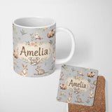 Personalized Custom Name Woodland Animals Koala Kangaroo Bear Floral Soft Grey Seamless 11oz Ceramic Coffee Tea Mug White Large Handle