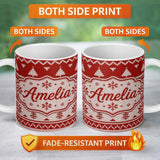 Personalized Custom Name Red Nordic Christmas Tree Snowflake Knitted Seamless Pattern Lovely 11oz Ceramic Coffee Tea Mug White Large Handle