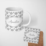 Personalized Custom Name Silver Glitter Bauble Christmas Pattern Minimal Seamless Design 11oz Ceramic Coffee Tea Mug White Large Handle
