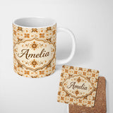 Personalized Custom Name Golden Brown Ornate Floral Tile Pattern with Classic Symmetrical 11oz Ceramic Coffee Tea Mug White Large Handle