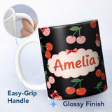 Personalized Custom Name Cherry Fruit Vertical Stripe Soft Pastel Background Seamless Pattern 11oz Ceramic Coffee Tea Mug White Large Handle