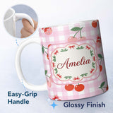 Personalized Custom Name Cute Cherry Fruit with Bow and Sprinkles Pattern Pink Gingham Check 11oz Ceramic Coffee Tea Mug White Large Handle
