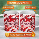 Personalized Custom Name Red Pink Abstract Camouflage Seamless Pattern Cute Unique Gift 11oz Ceramic Coffee Tea Mug White Large Handle