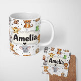 Personalized Custom Name Cute Cartoon Safari Animals with Stars on Light Grey Background 11oz Ceramic Coffee Tea Mug White Large Handle