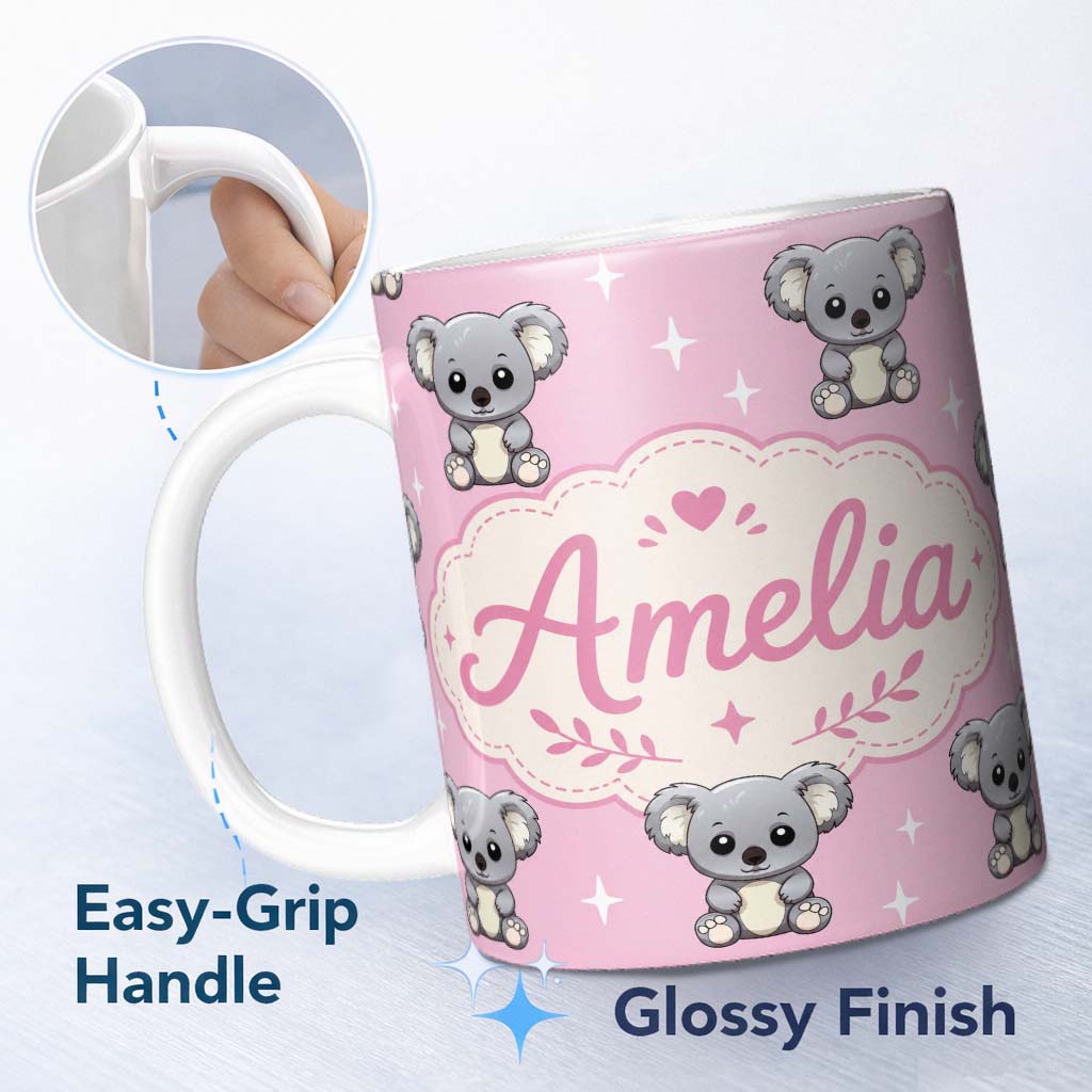 Personalized Custom Name Cute Koala Bears with Stars Rose Pink Background Seamless Pattern 11oz Ceramic Coffee Tea Mug White Large Handle