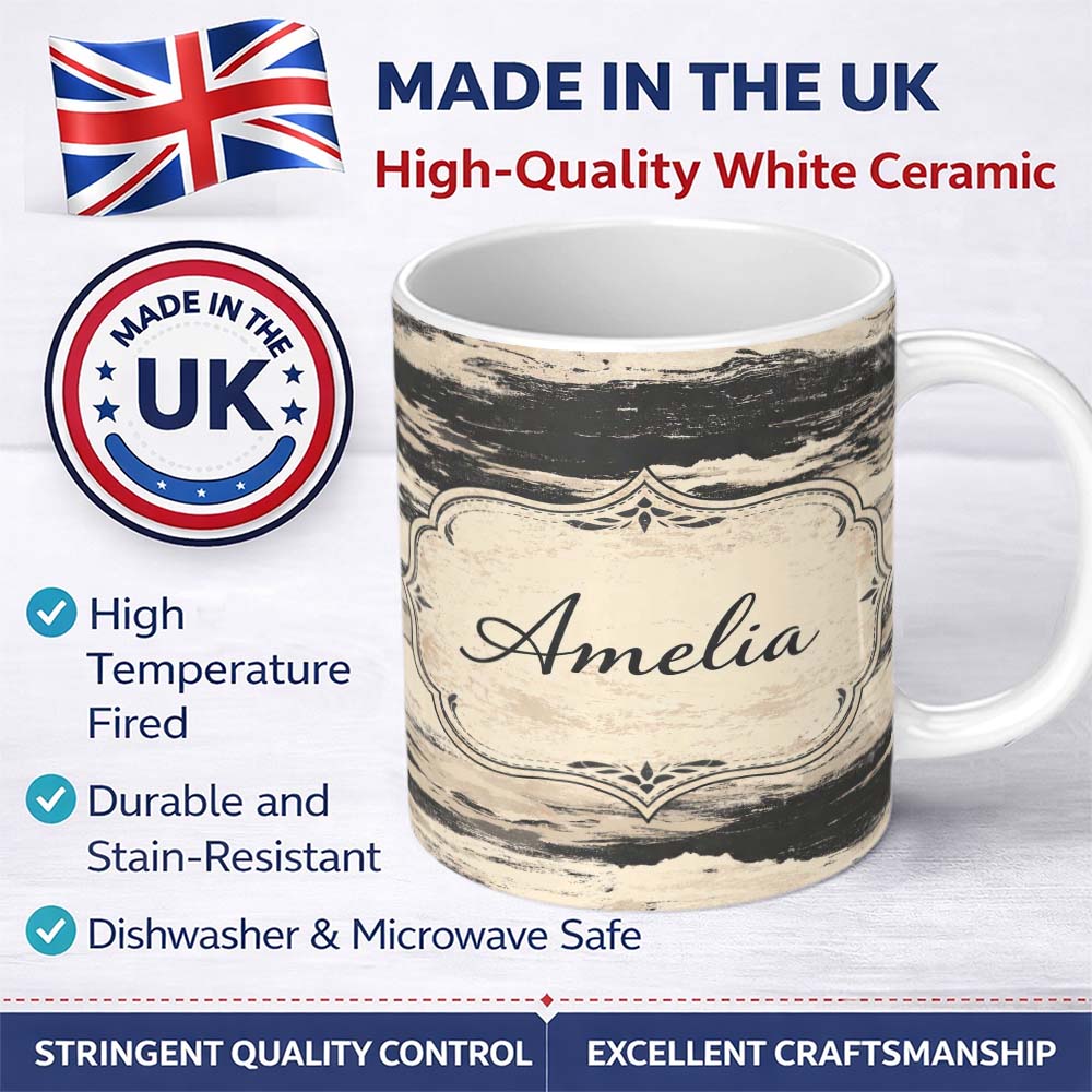 Personalized Custom Name Layered Stone Strata Black Cream Abstract Texture Pattern Lovely 11oz Ceramic Coffee Tea Mug White Large Handle