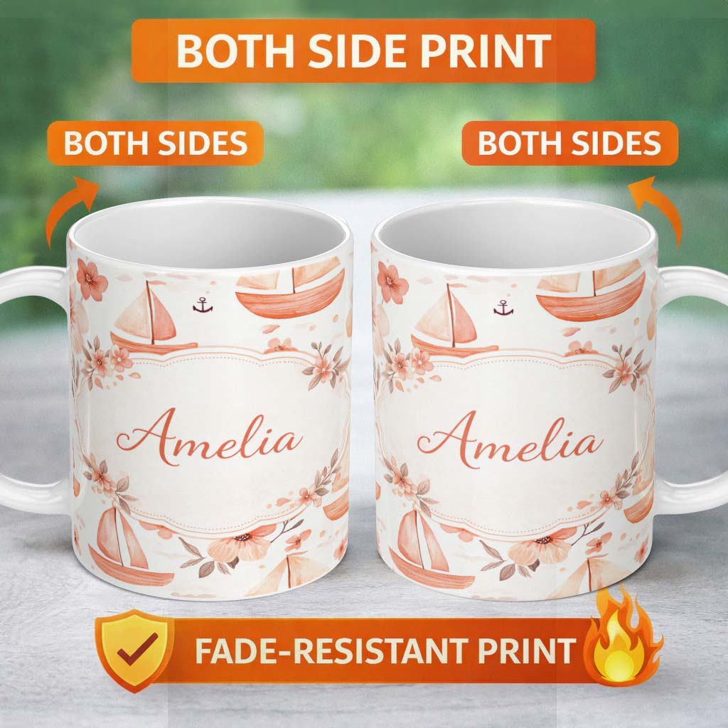 Personalized Custom Name Nautical Sailboat Floral Coastal Pattern Seamless Watercolour Design 11oz Ceramic Coffee Tea Mug White Large Handle
